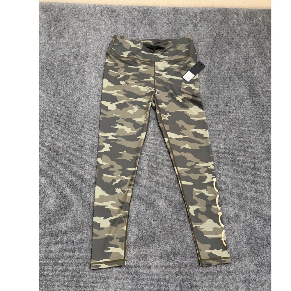 Bebe Sport Womens Vintage Olive Camo Printed Leggings Gold Logo Large NWT